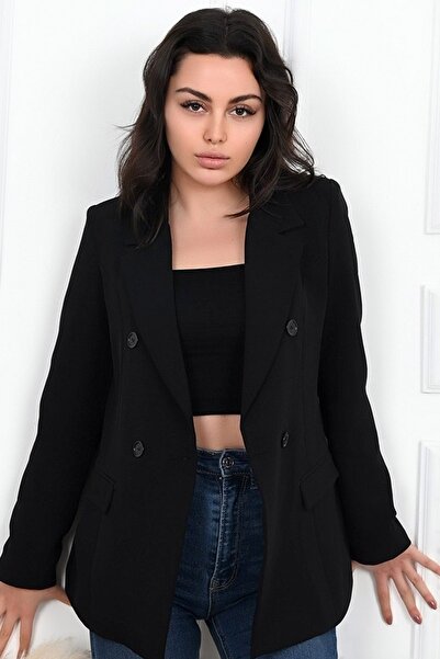 MissKybele Astarlı Kapaklı Cepli Bel Oturtmalı Rahat Kesim Likralı Düğmeli Uzun Blazer Ceket