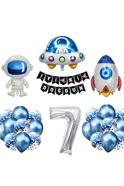 Patladı Gitti Space Concept 7 Year Old Birthday Party Celebration Set; Astronaut, UFO and Spaceship Foil Balloon Set