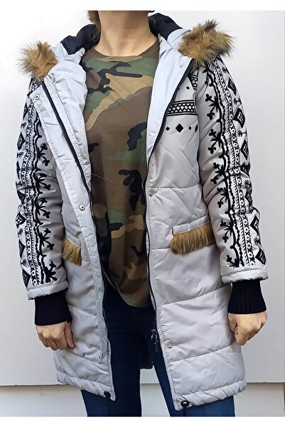 Hepsibitarz Kadın Gri Tasarım Nakışlı Kaz Tüyü Kapüşonlu Kaban