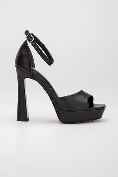 Genel Markalar Kadın Siyah Cilt Tek Bant Özel Üretim Kaplama Ökçe Platform Topuklu Ayakkabı - Topuk 12 Cm