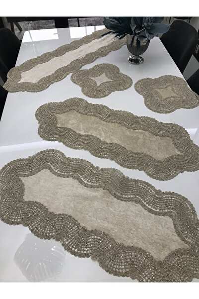 Home طقم غرفة معيشة مكون من 5 قطع مع حواف من الدانتيل وحبل مخملي مطرز