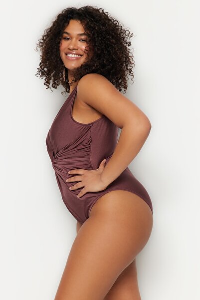 Trendyol Curve Brown Knot Detailed Swimsuit TBBSS23AM00005