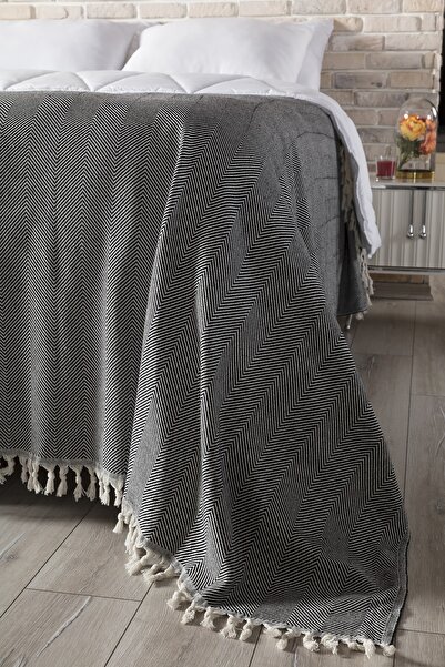 Vagonik Siyah Balık Sırtı Desenli Natural Çok Amaçlı Çift Kişilik Yatak Örtüsü 200x230 cm