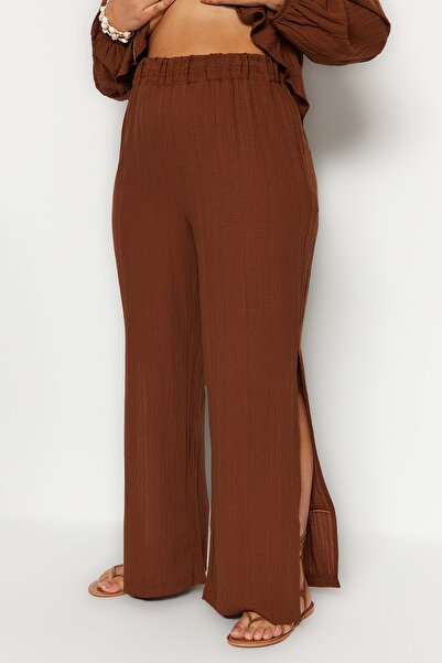 Trendyol Curve Ρούχα παραλίας με ψηλή μέση - καφέ, φαρδύ πόδι, λεπτομέρεια με σχισμή TBBSS23AR00012