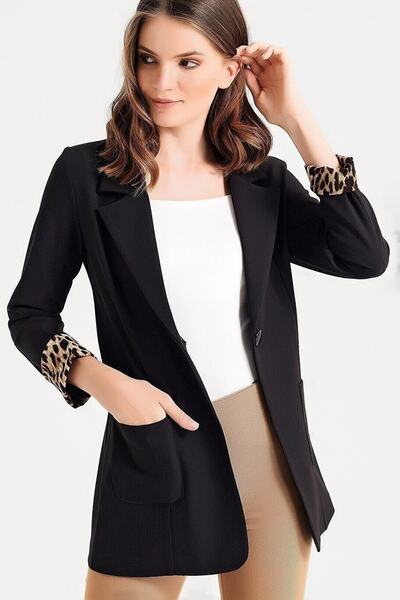 MissKybele Ucu Desenli Ve Katlamalı Kol Astarsız Cepli Ve Düğmeli Uzun Blazer Ceket