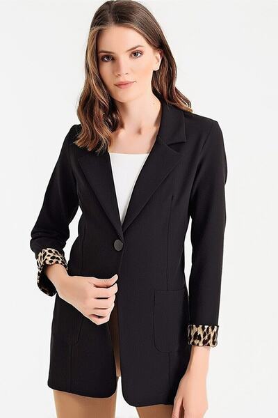 MissKybele Ucu Desenli Ve Katlamalı Kol Astarsız Cepli Ve Düğmeli Uzun Blazer Ceket