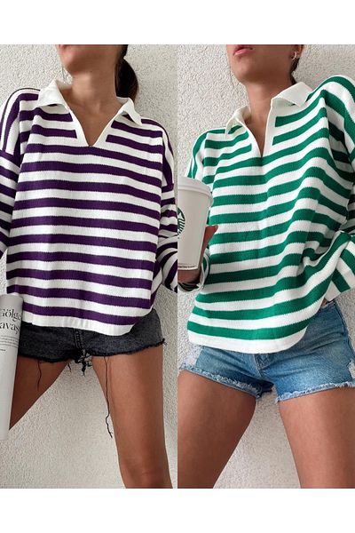 Jose Clothing Set de două tricotaje cu mânecă lungă în dungi cu gât polo pentru femei