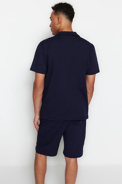 Trendyol Collection Sötétkék uniszex normál szabású Apache galléros rövidnadrág pizsama szett TMNSS23PT00007