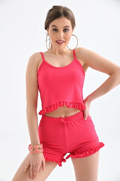 VOLT CLOTHİNG Women's Fuchsia Strappy Frilly Pajama Set