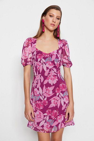 Trendyol Collection Μωβ φλοράλ φόρεμα σιφόν σε γραμμή Α Μίνι υφαντό TWOSS22EL2168