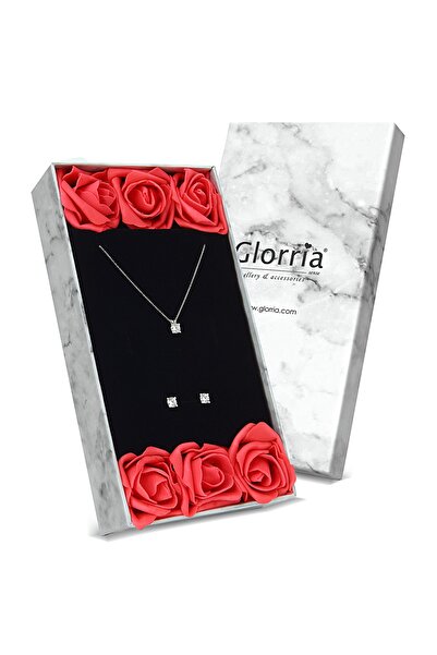 Glorria Kadın Gümüş Tektaş Kolye Küpe Çiçekli Set - Dt0213kl-hs