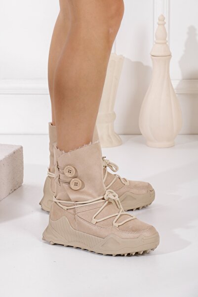 Allyup Γυναικείες καθημερινές μπότες χιονιού Nubuck Μποτάκια με γούνινα κουμπιά και αντιολισθητική σόλα με κορδόνια