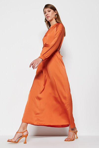 Trendyol Modest Orange Belted Satin Evening Dress TCTSS23DB00038
