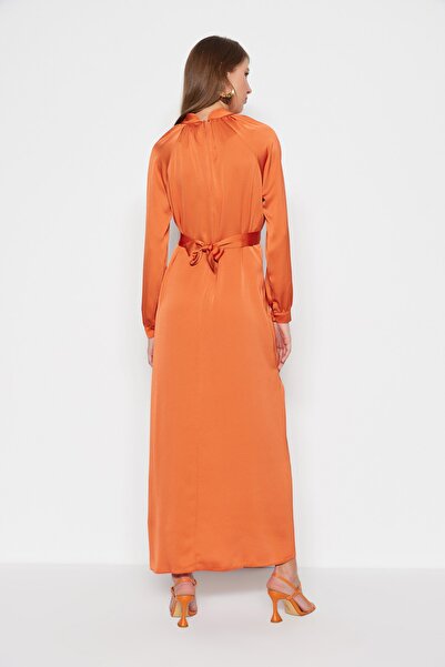 Trendyol Modest Orange Belted Satin Evening Dress TCTSS23DB00038