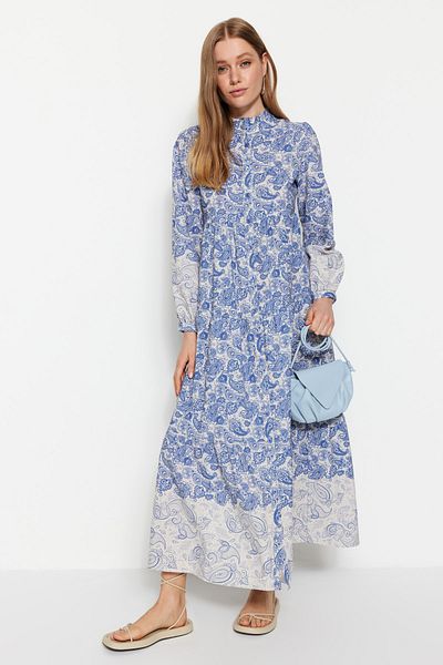 Trendyol Modest Blaues, gewebtes Hemdkleid mit ethnischem Muster und vorherrschendem Kragen in Leinenoptik TCTSS23EB00286