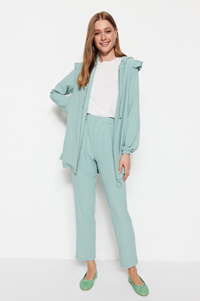 Trendyol Modest Mint Shoulder Ruffle Hooded Woven Aerobin Tunic-Pants Set TCTSS23US00093