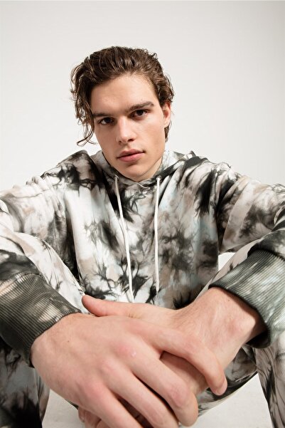 JAHR MARC Batik Yıkamalı Gri Oversize Erkek Kapüşonlu Sweatshirt