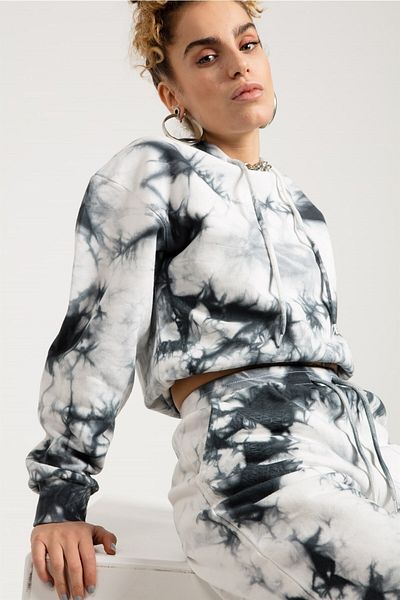 JAHR MARC Tie Dye Washed Gray Crop Sweatshirt
