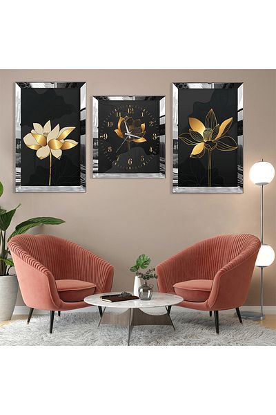 Zevahir Mobilya Dekorasyon Model Abstract Floral Argintiu Marginea Plexi Set de pictură MDF triplu și set de ceasuri