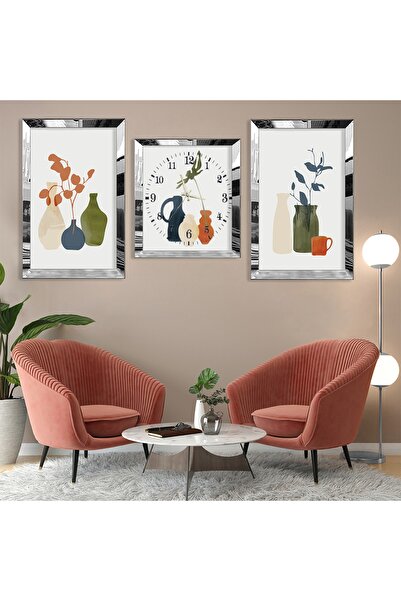 Zevahir Mobilya Dekorasyon Minimalist Soyut Desen Gümüş Pleksi Kenar Üçlü Mdf Tablo Seti Ve Saat Seti