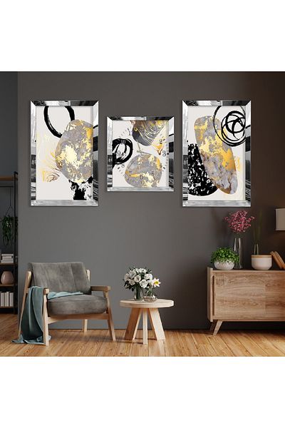 Zevahir Mobilya Dekorasyon Abstract Pattern Silver Plexi Edge Triple Mdf Table Set and Clock Set