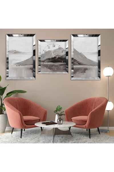 Zevahir Mobilya Dekorasyon Minimalist Dağ Manzara Soyut Desen Gümüş Pleksi Kenar Üçlü Mdf Tablo Seti Ve Saat Seti