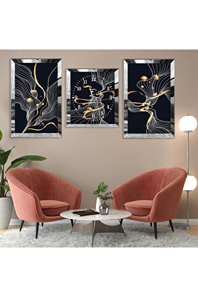 Zevahir Mobilya Dekorasyon Set de pictură și ceas din MDF cu model abstract din argint cu margine din plexiglas