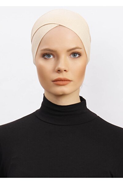 Ecardin Kadın Çapraz Bone Tesettür Hazır Kaymaz Türban Hijab Pratik Kayma Yapmaz Elastan Bone - Bej