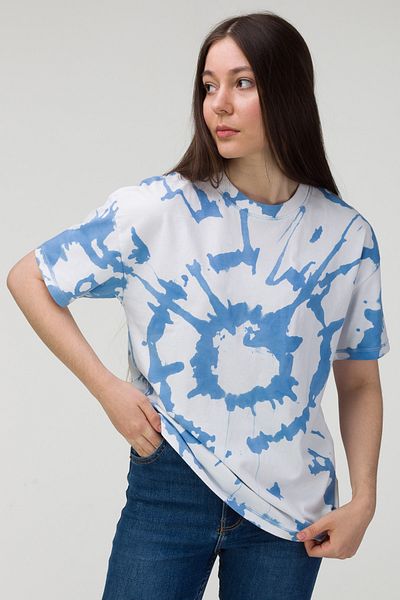 MODAGEN Tricou oversize alb albastru cu model Tie Dye pentru femei