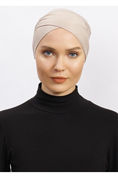 Ecardin Kadın Çapraz Bone Tesettür Hazır Kaymaz Türban Hijab Pratik Kayma Yapmaz Elastan Bone - Açık Vizon