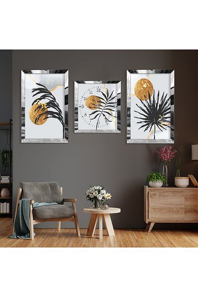 Zevahir Mobilya Dekorasyon Plantă Model Abstract Argintiu Borduri din plexiglas Set de pictură MDF triplu și set de ceasuri