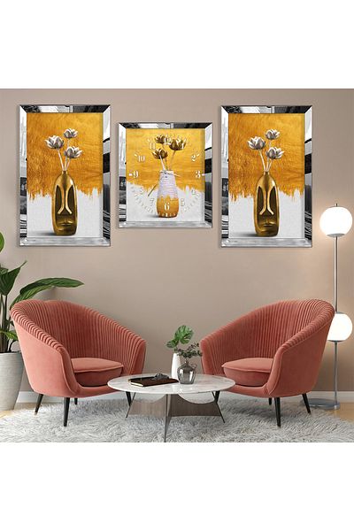 Zevahir Mobilya Dekorasyon Βάζο Flower Abstract Pattern Ασημένιο Plexi Edge Τριπλό MDF Σετ ζωγραφικής και σετ ρολογιών