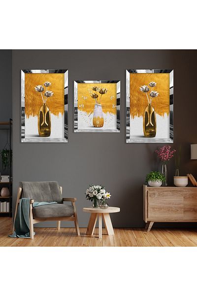 Zevahir Mobilya Dekorasyon Βάζο Flower Abstract Pattern Ασημένιο Plexi Edge Τριπλό MDF Σετ ζωγραφικής και σετ ρολογιών