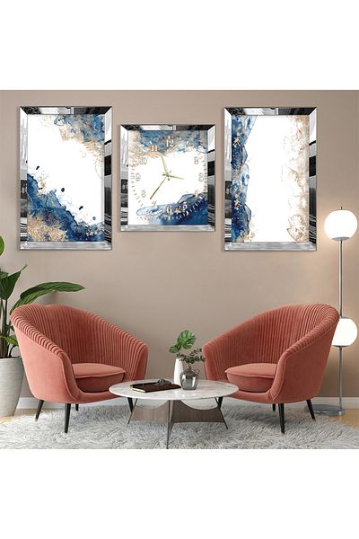 Zevahir Mobilya Dekorasyon Colaj alb albastru cu cadru din plexiglas cu oglindă argintie Set de pictură și set de ceasuri din MDF triplu argintiu