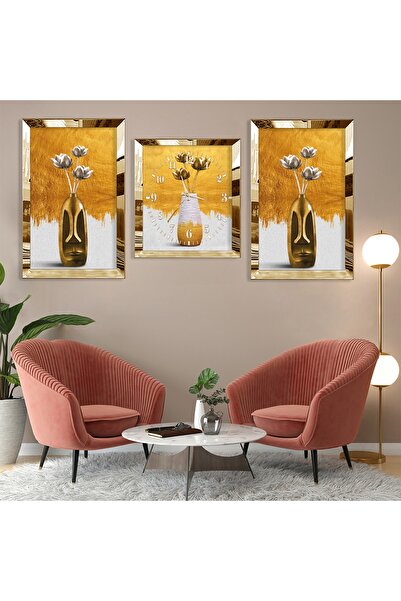 Zevahir Mobilya Dekorasyon Vazolu Çiçek Soyut Desen Gold Pleksi Kenar Üçlü Md...