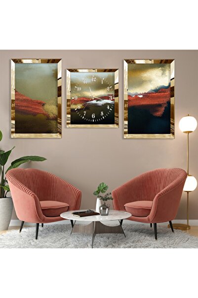Zevahir Mobilya Dekorasyon Soyut Desen Gold Pleksi Kenar Üçlü Mdf Tablo Seti Ve Saat Seti