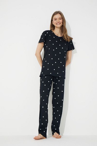 Siyah İnci Black and White Heart Patterned Short Sleeve Cotton Pajamas Set