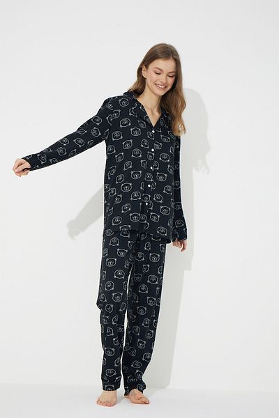 Siyah İnci Set pijama cu nasturi din bumbac negru