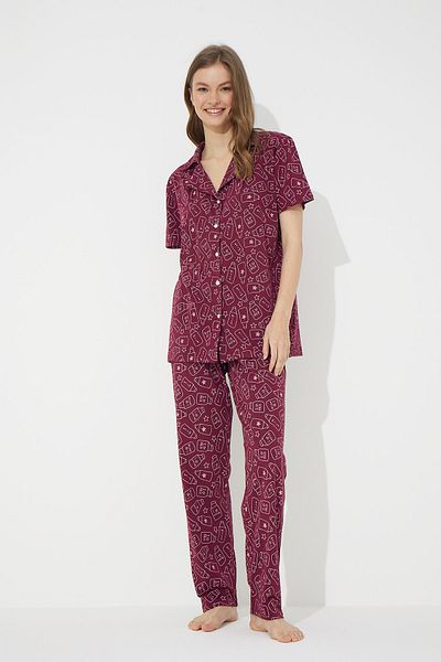 Siyah İnci Dark Claret Red Milk Patterned Short Sleeve Cotton Buttoned Pajamas Set