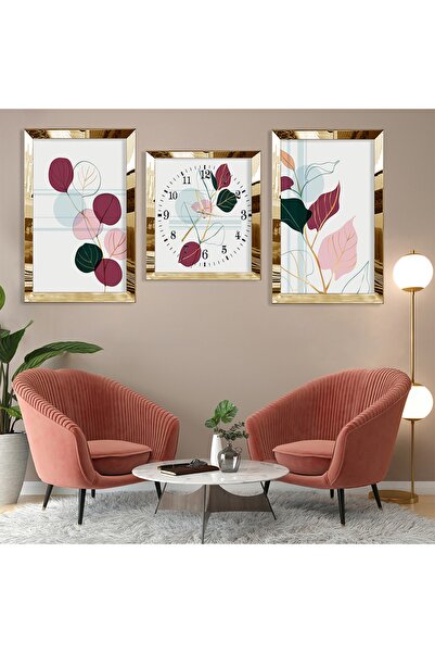 Zevahir Mobilya Dekorasyon Soyut Desen Yaprak Gold Pleksi Kenar Üçlü Mdf Tabl...