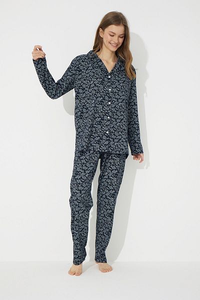 Siyah İnci Navy Blue-White Cotton Buttoned Pajama Set