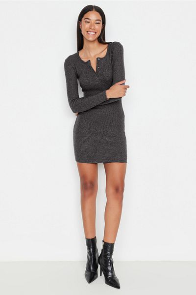Trendyol Collection Anthracite Snap Detail Fitted Square Collar Mini Ribbed Flexible Knitted Pencil Dress TWOAW23EL01393