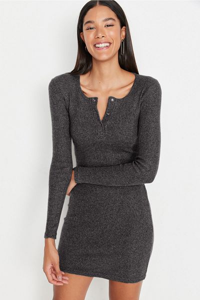 Trendyol Collection Anthracite Snap Detail Fitted Square Collar Mini Ribbed Flexible Knitted Pencil Dress TWOAW23EL01393