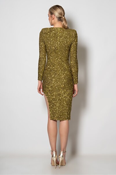 RENGIN V Yaka Uzun Kollu Eteği Oyuk Yırtmaçlı Kısa Elbise