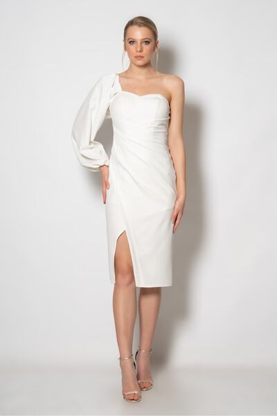 RENGIN Belden Pileli Tek Balon Kollu Krep Elbise