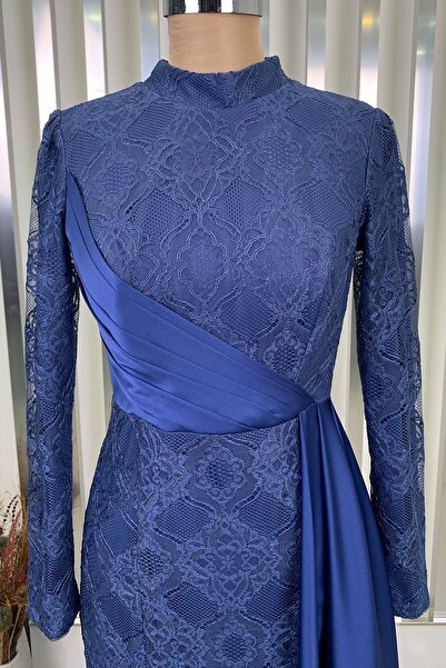 Rana Zenn Lacivert Belden Pelerinli Dantel Saten Mihru Abiye