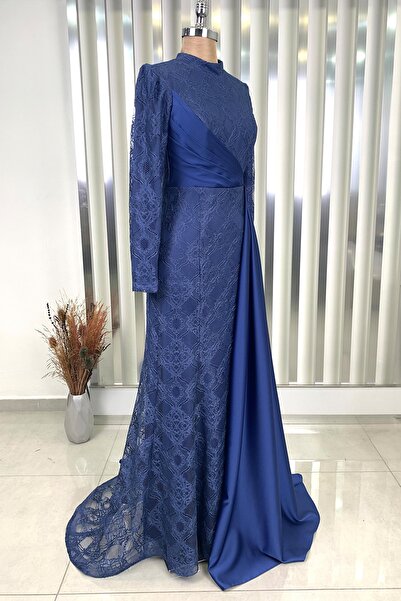 Rana Zenn Lacivert Belden Pelerinli Dantel Saten Mihru Abiye