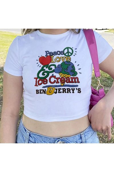 Gofeel Peace Love Ice Cream Printed Short Sleeve White Multicolor Crop Tshirt