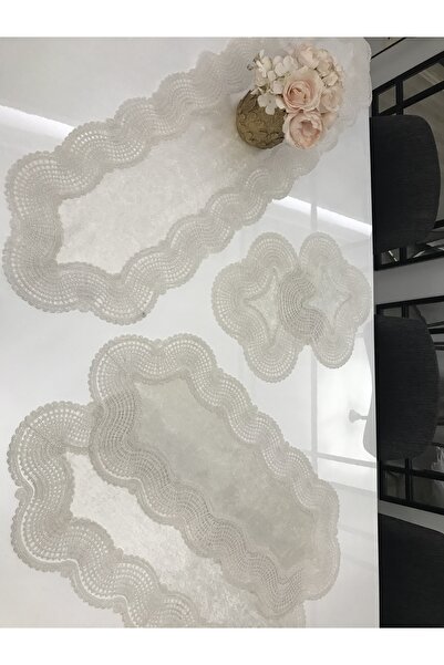 Home Dantel Kenarlı Kadife Kordon Işlemeli 5 Parça Salon Takımı