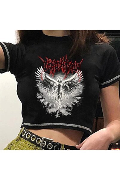 Touz Satu Moda & Harajuku Μαύρο Crop με Φτερωτό Τύπωμα και Αντεστραμμένη Ραφή